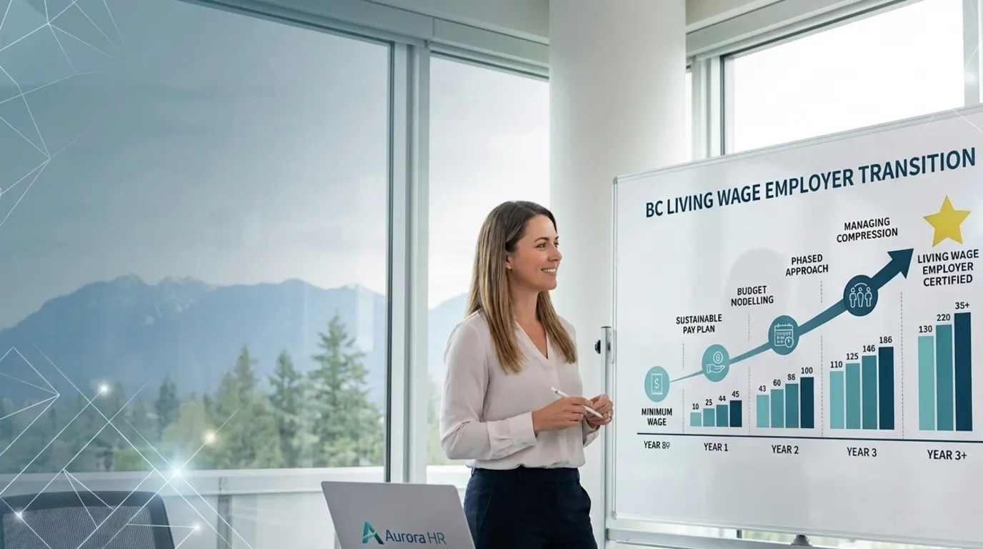 BC leadership team mapping out a phased living wage plan on a whiteboard
